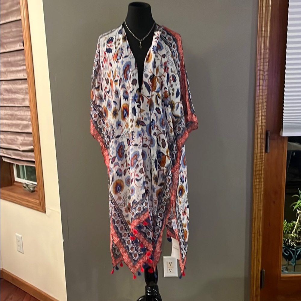 White and Red Kimono Sleeve Swim Coverup